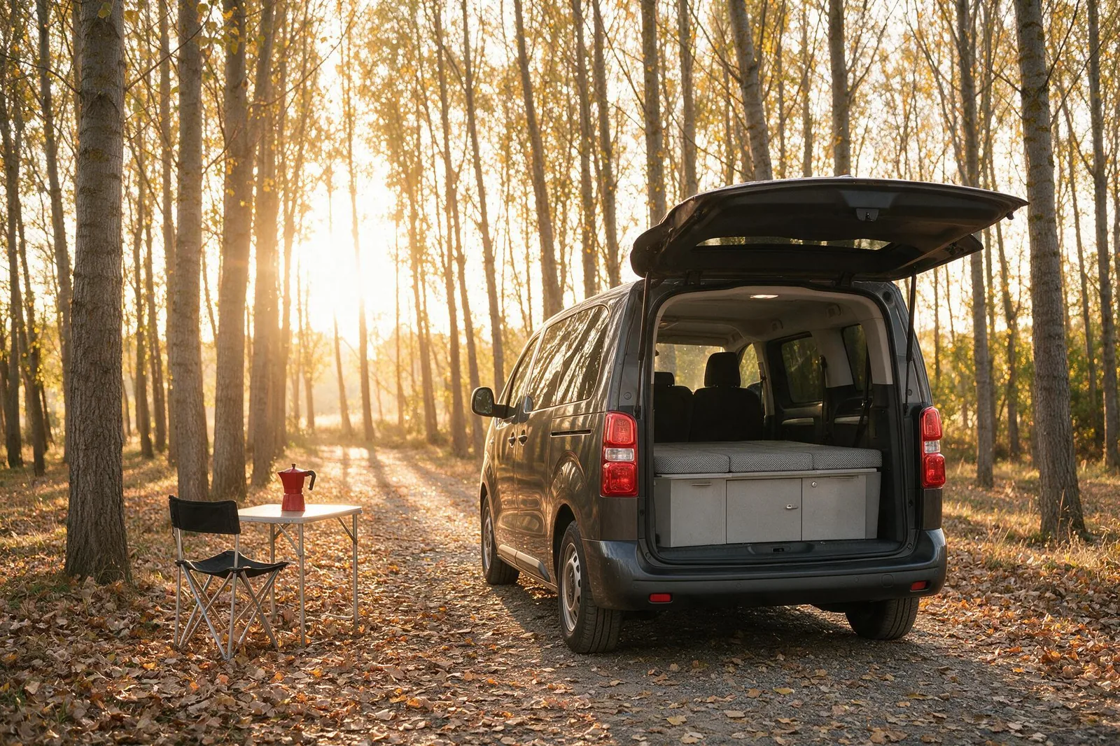 Citroen SpaceTourer camperizada con kit cama, porton abierto, en una chopera al atardecer