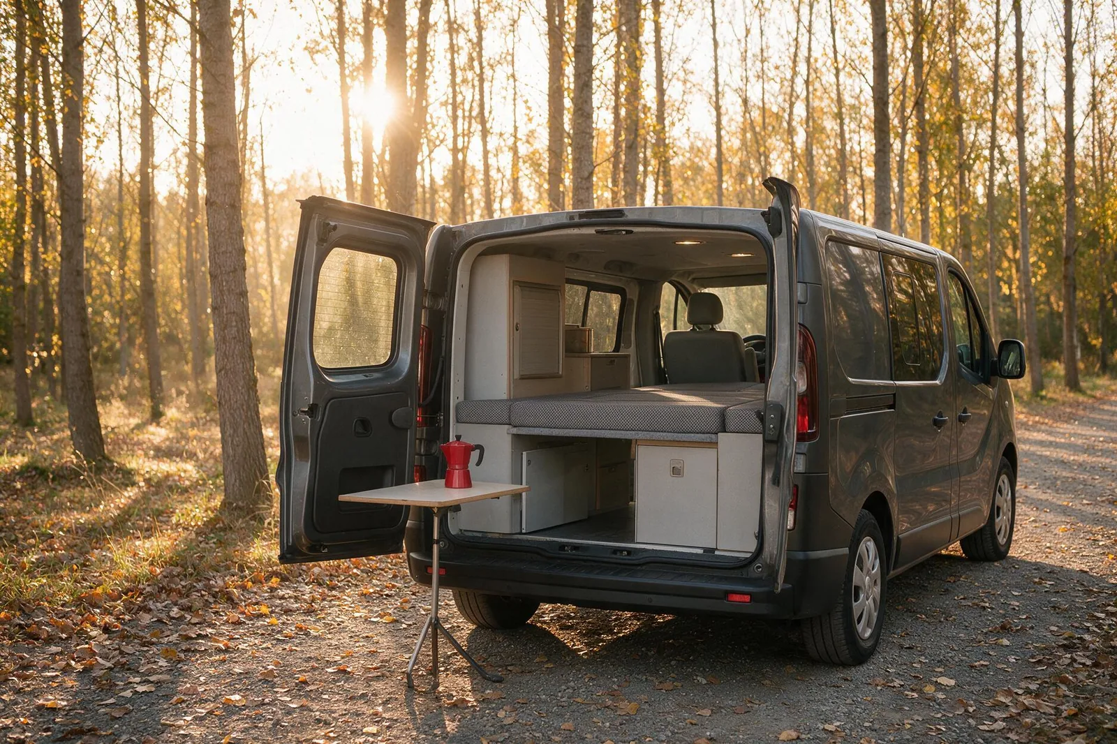 Renault Trafic camperizada con kit cama, puertas traseras abiertas, en una chopera al atardecer
