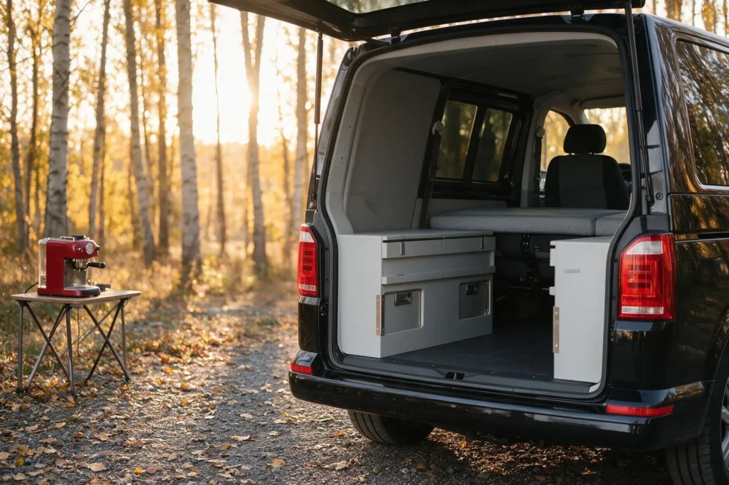 Volkswagen Transporter camperizada con kit cama, porton abierto, en una chopera al atardecer
