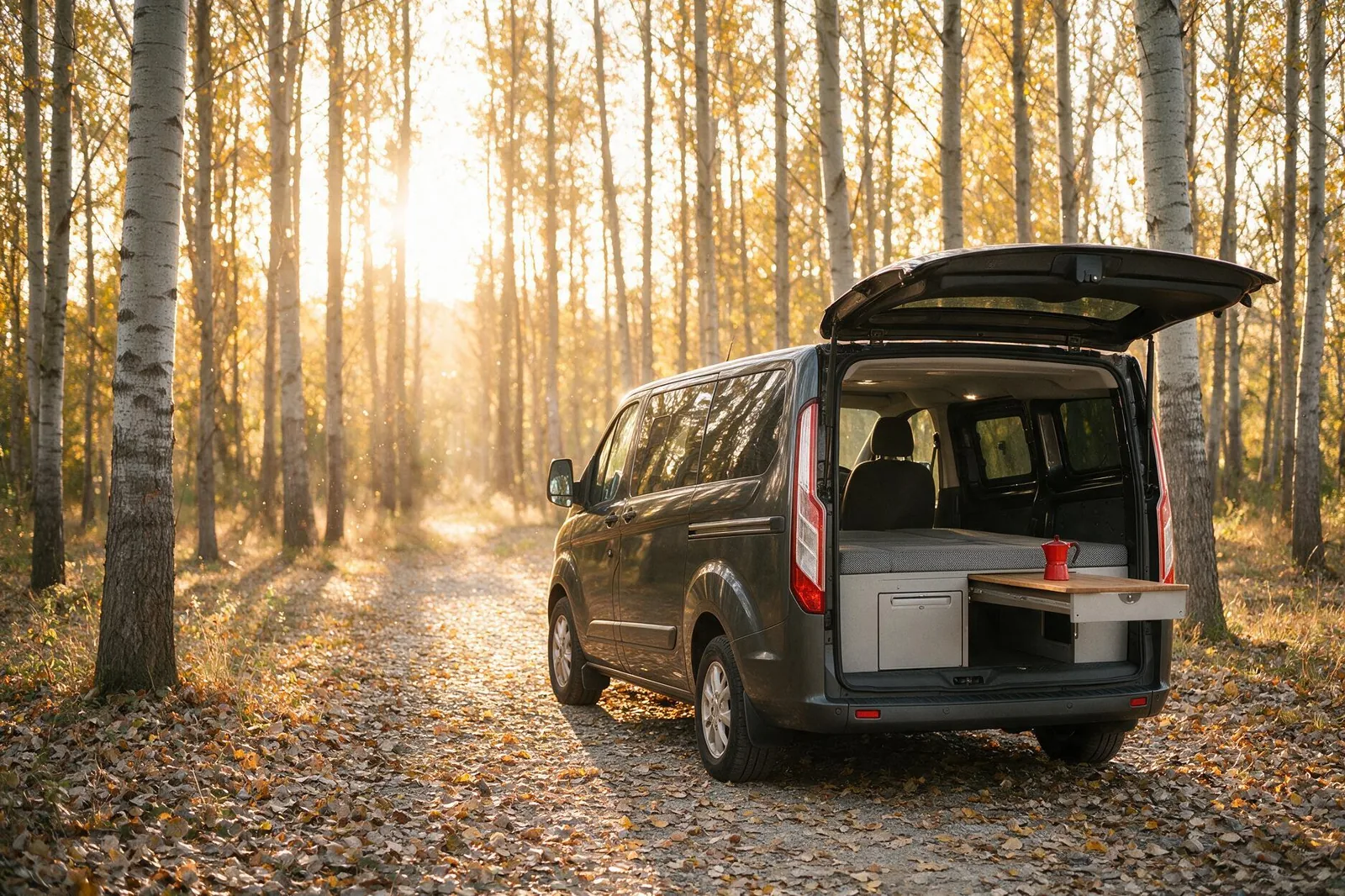 Ford Transit Custom camperizada con kit cama, puertas traseras abiertas, en una chopera al atardecer