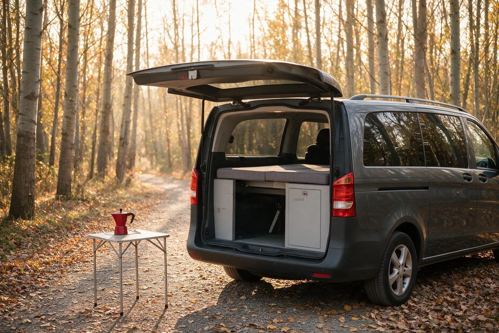 Mercedes Vito camperizada con kit cama, porton abierto, en una chopera al atardecer