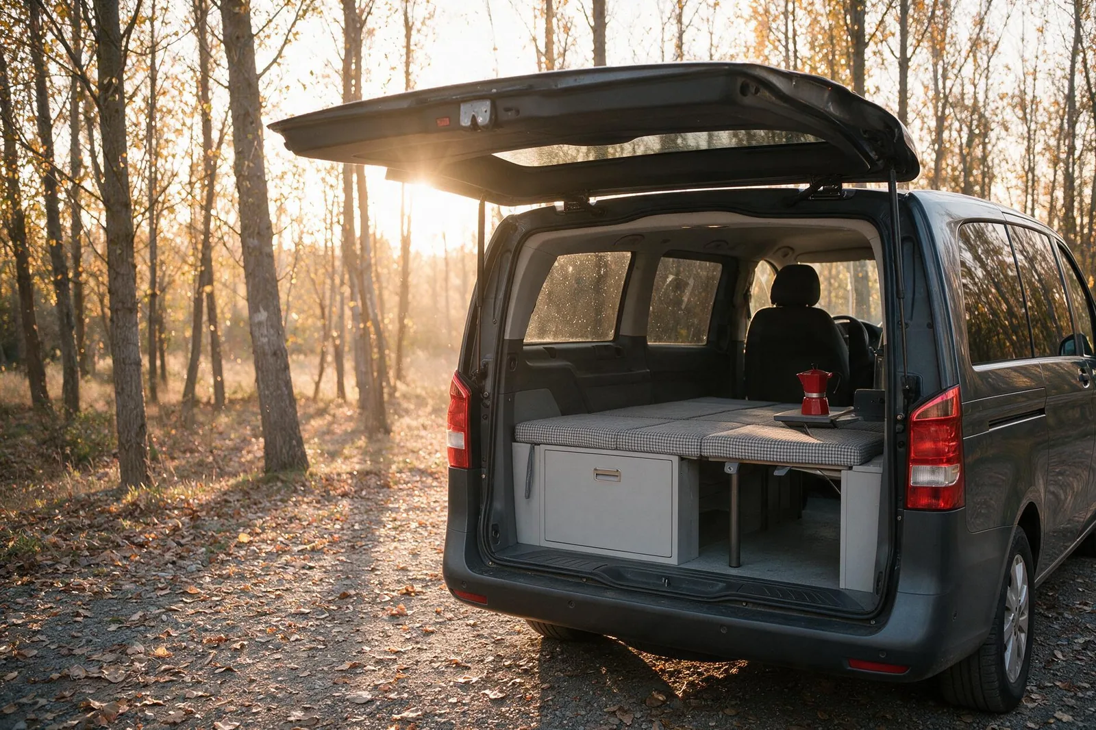 Mercedes Vito camperizada con kit cama, porton abierto, en una chopera al atardecer