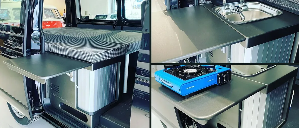Modulo de cocina de Furgomania con mesa abatible, fregadero de acero y hornillo