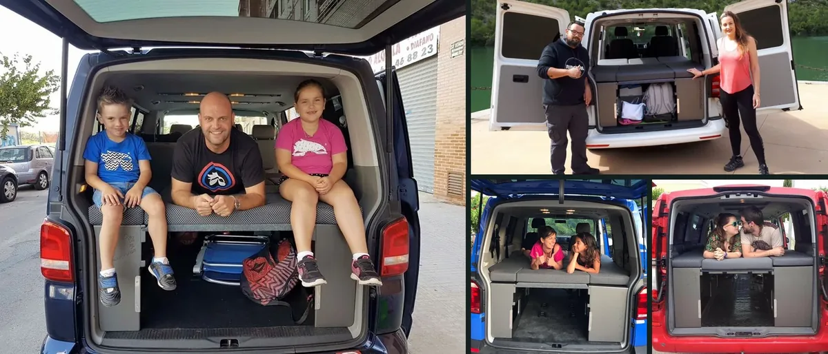 Clientes de Furgomania con su kit montado: una familia sentada en la cama, una pareja junto a su furgoneta y otras dos tumbadas dentro